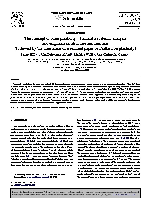 Download The concept of brain plasticity-Paillard's systemic analysis and emphasis on structure and function (followed by the translation of a seminal paper by Paillard on plasticity).